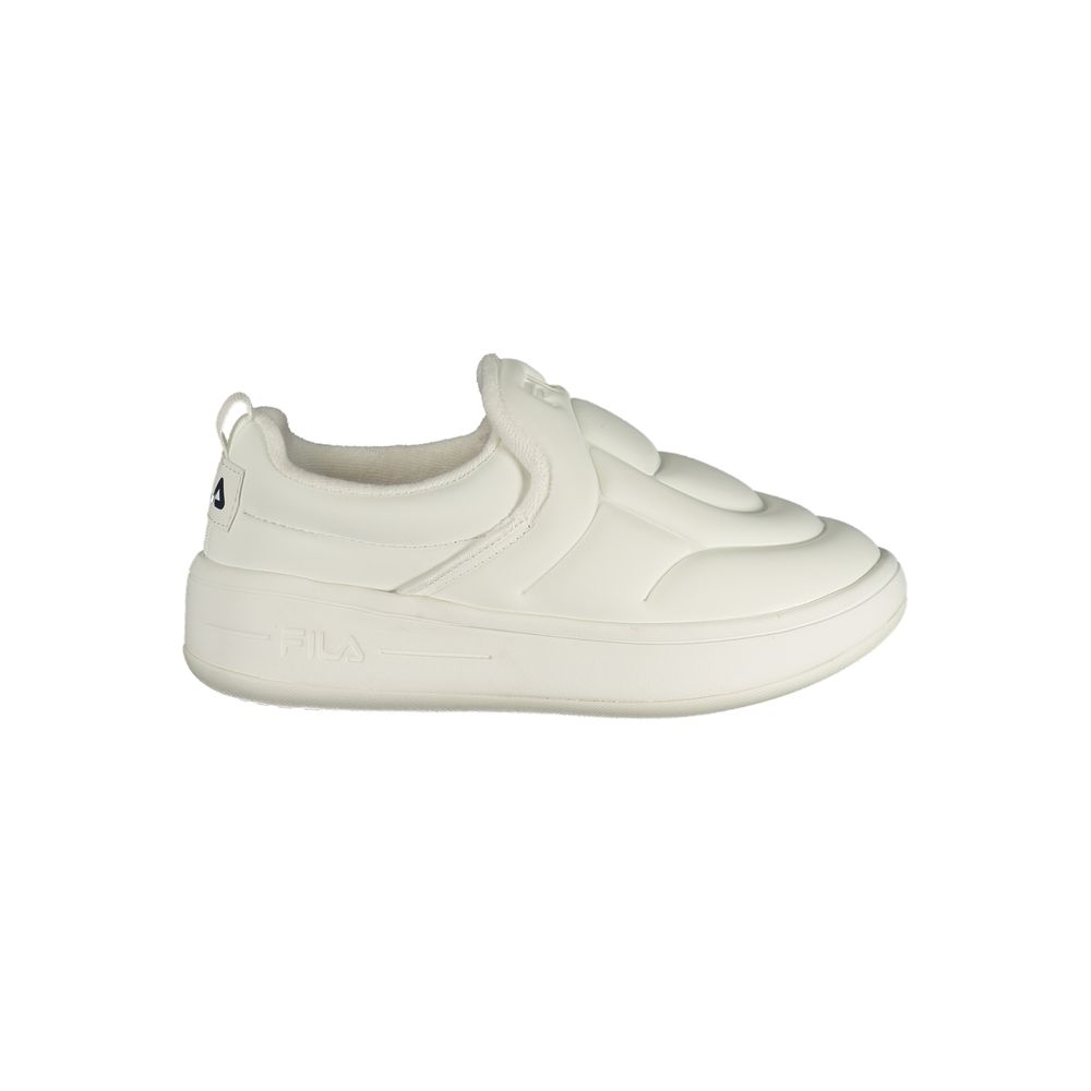 White quilted Fila slip-on sneaker for women with a thick, matching sole and Fila branding.