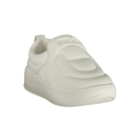 A white, slip-on Fila sneaker for women with a puffy, quilted polyester design and thick platform sole.