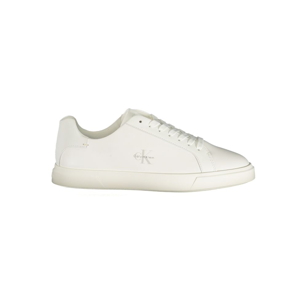 Calvin Klein women's white polyurethane low-top sneaker with lace-up closure and logo side detail.