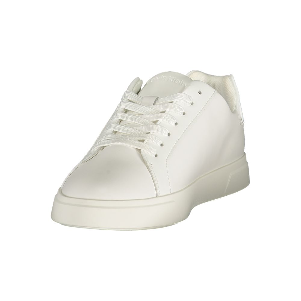 Calvin Klein women’s white polyurethane lace-up sneaker with a classic low-top design and flat sole.