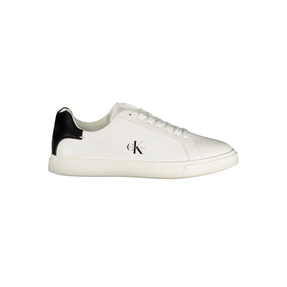 White polyurethane Calvin Klein women’s low-top sneaker with black heel detail and side logo.