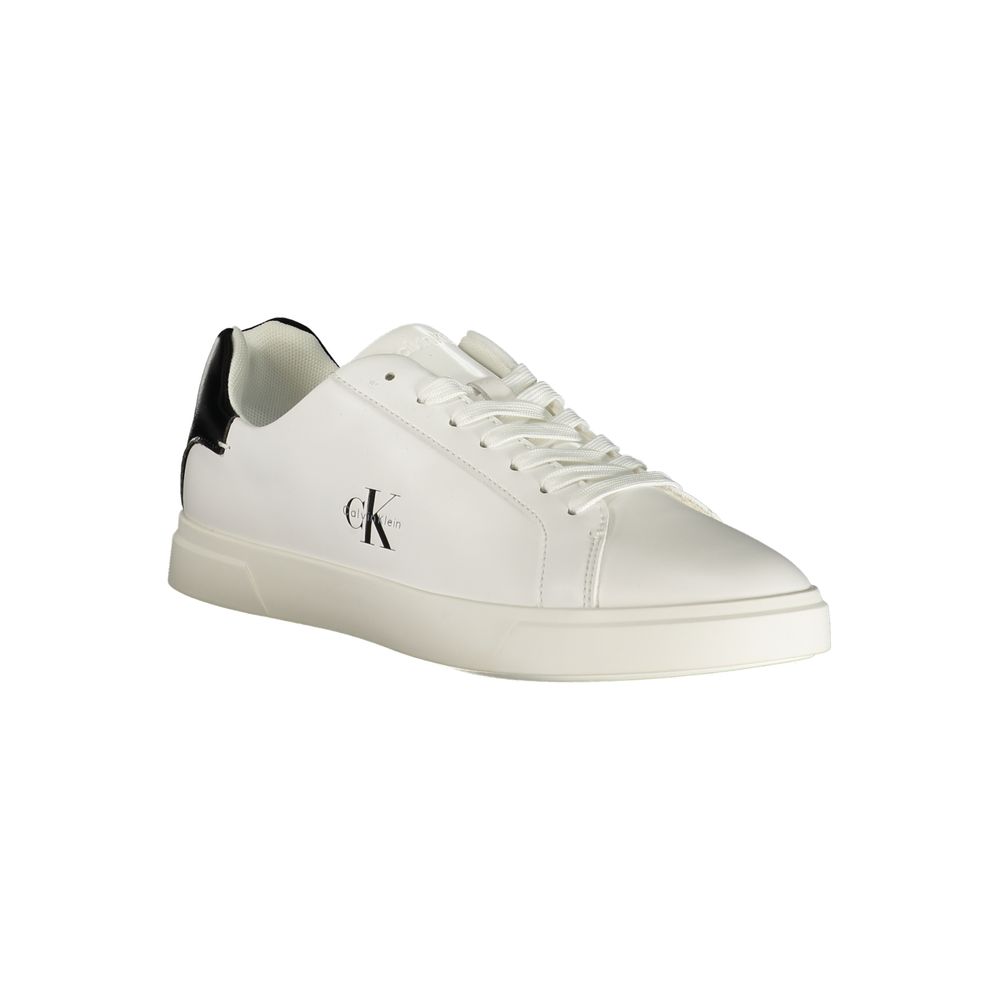 White polyurethane Calvin Klein women’s sneaker with black heel tab and logo detailing.