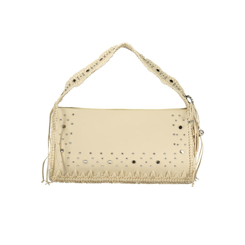 Beige polyurethane women handbag with studs and woven trim