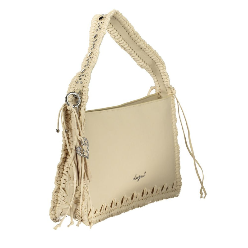 Beige polyurethane women's handbag with braided trim and shoulder strap