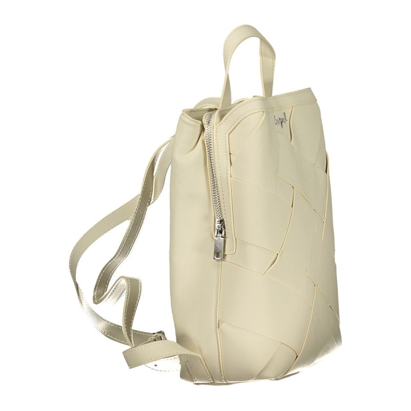 White polyurethane mini backpack with woven pattern and zipper pocket