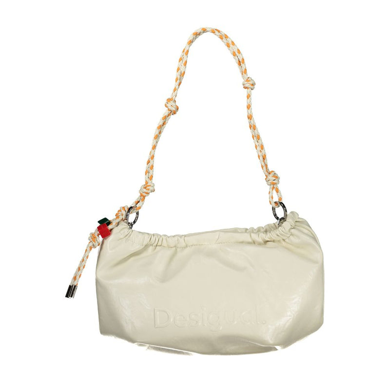 Ecru polyurethane hobo handbag with braided orange and white shoulder strap and embossed logo