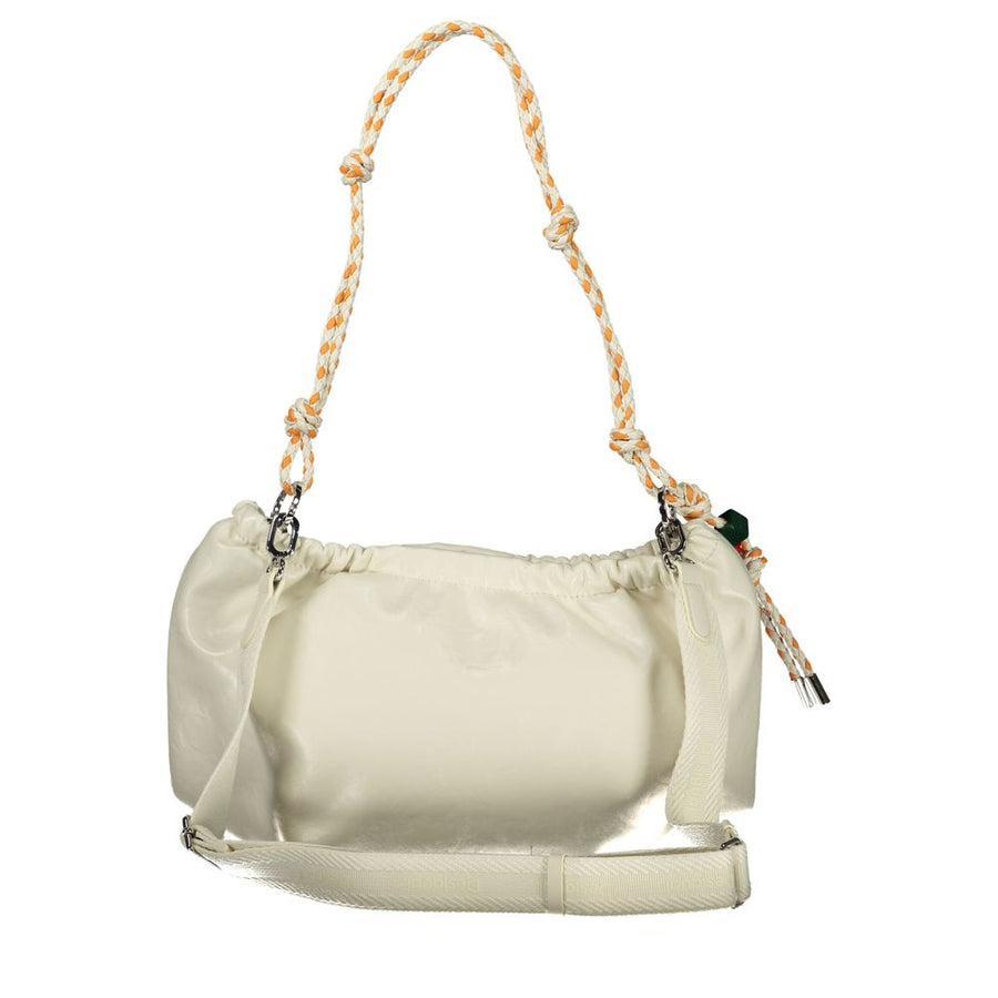 Ecru polyurethane hobo handbag with braided orange and white shoulder strap and embossed logo