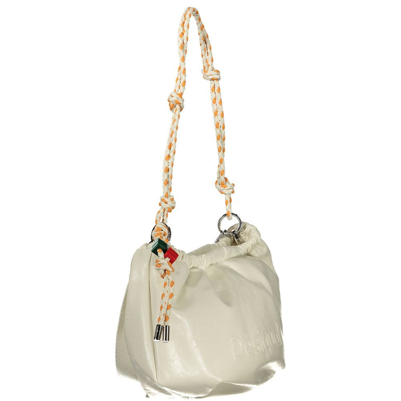 Ecru polyurethane shoulder handbag with a braided orange and white strap and gathered top closure
