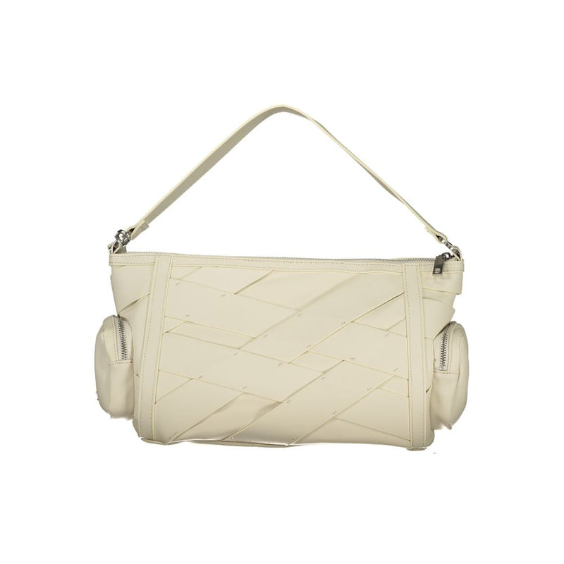 White polyurethane shoulder bag with woven strap design and side pockets