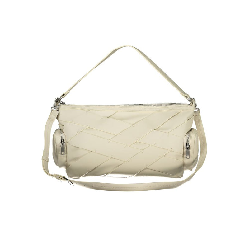 White polyurethane woven shoulder bag with side zip pockets