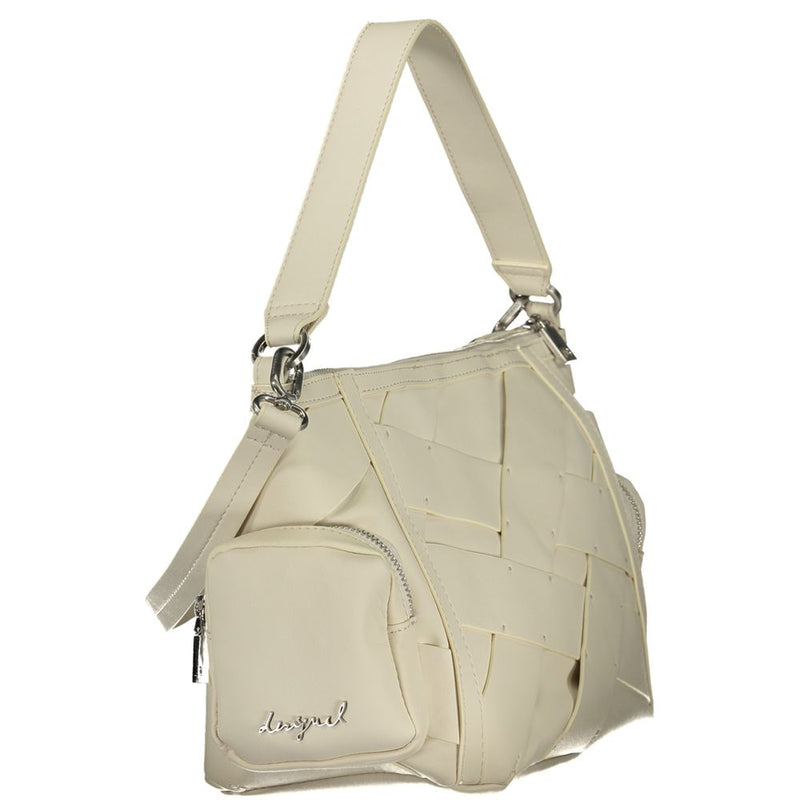 White polyurethane woven shoulder bag with a zipper pocket