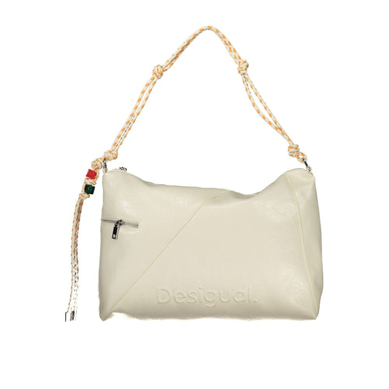 Ecru polyurethane women handbag with braided strap and side zipper