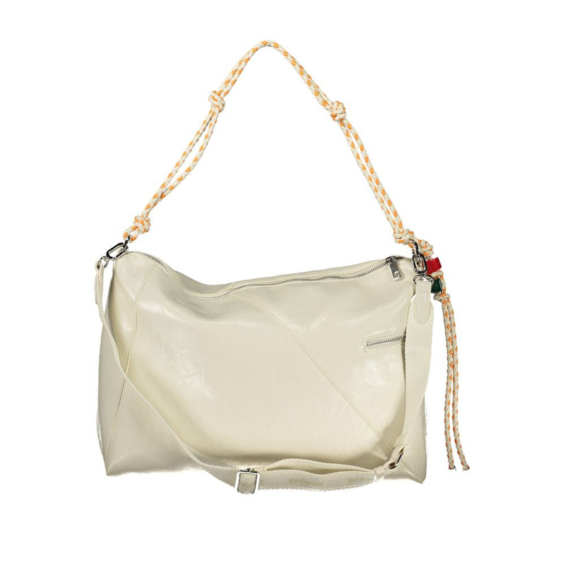 Ecru polyurethane women handbag with braided straps and zipper closures