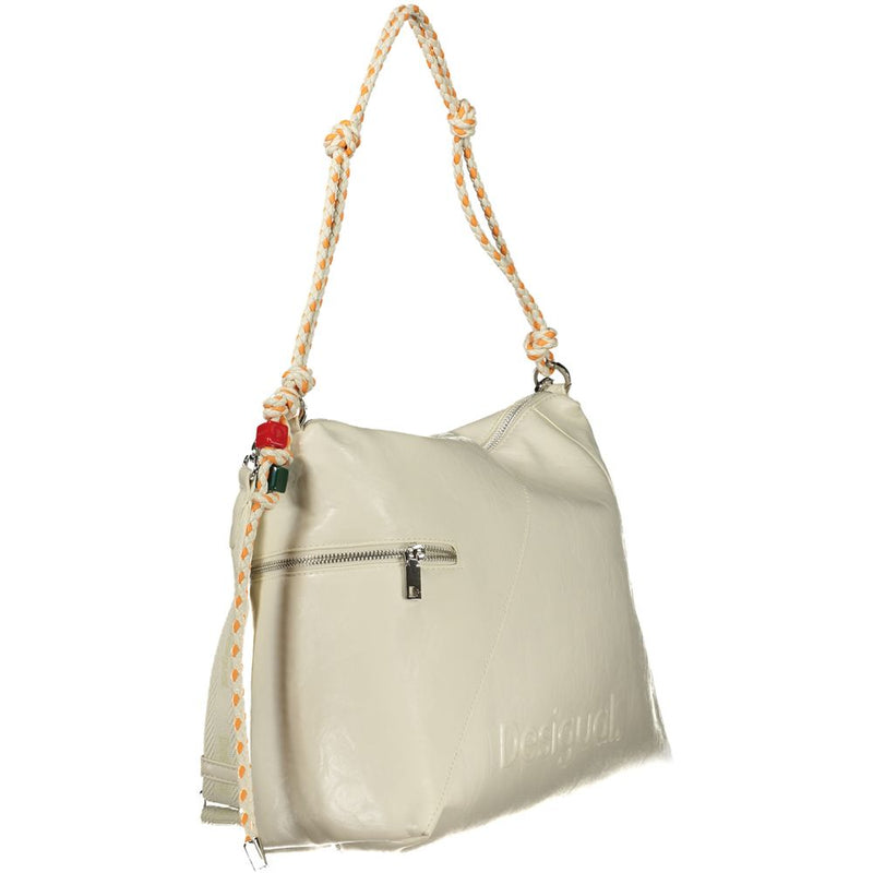 Ecru polyurethane women shoulder bag with braided strap and side zipper pocket