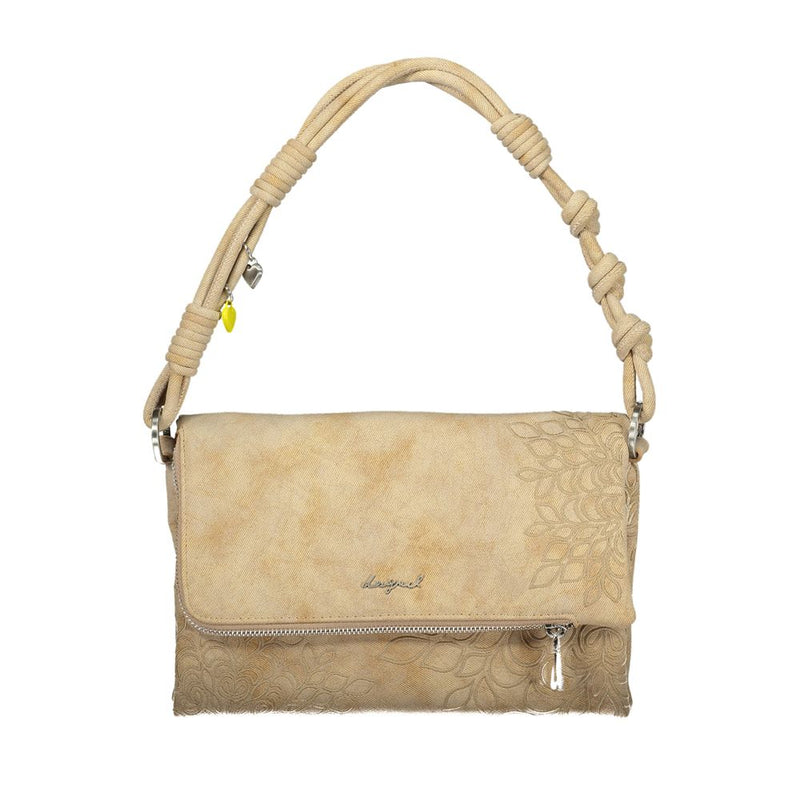Beige polyurethane shoulder bag with embossed floral details and a knotted strap