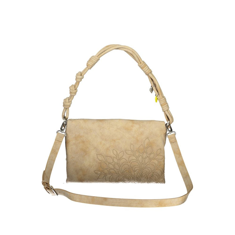 Beige polyurethane women handbag with embossed leaf pattern, braided top handle, and adjustable shoulder strap