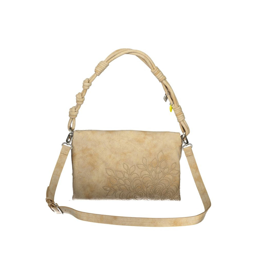 Beige polyurethane shoulder bag with embossed floral details and a knotted strap