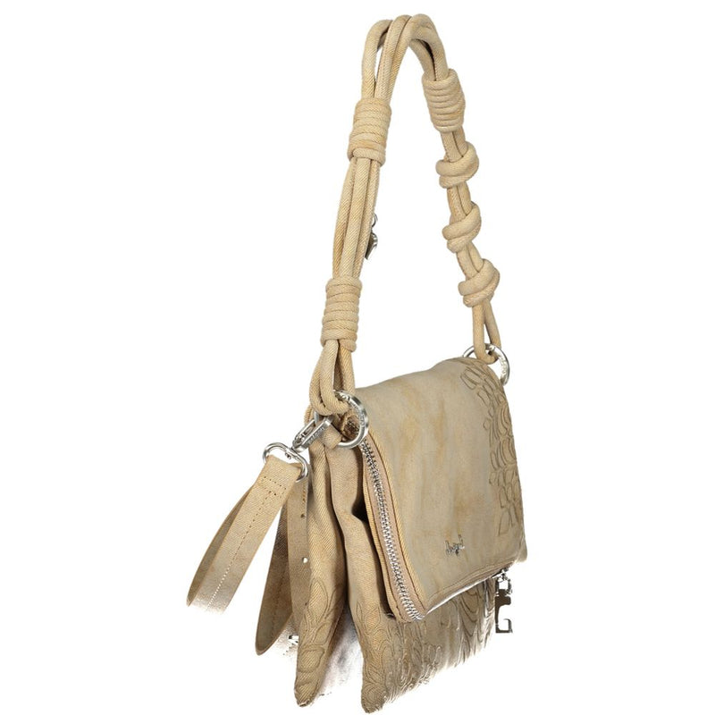 Beige polyurethane women handbag with a knotted strap and embossed floral details