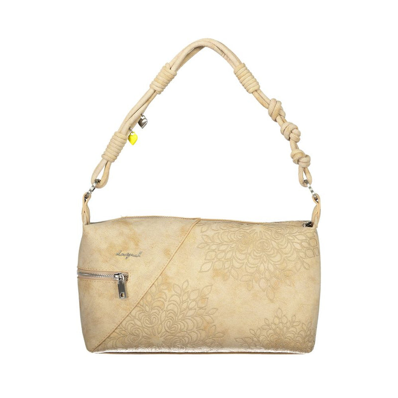 Beige polyurethane shoulder bag with floral embossed pattern and knotted strap