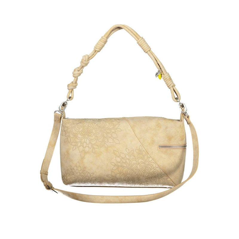 Desigual beige polyurethane women's shoulder bag with engraved floral pattern and knotted handle