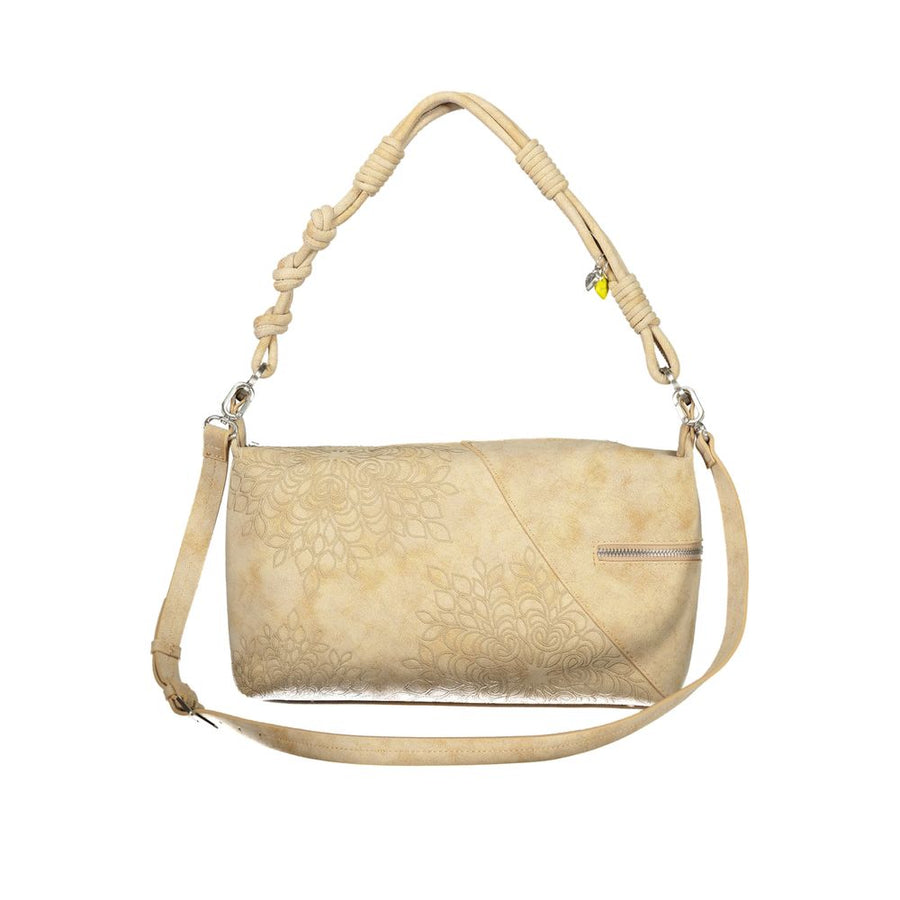 Beige polyurethane shoulder bag with floral embossed pattern and knotted strap