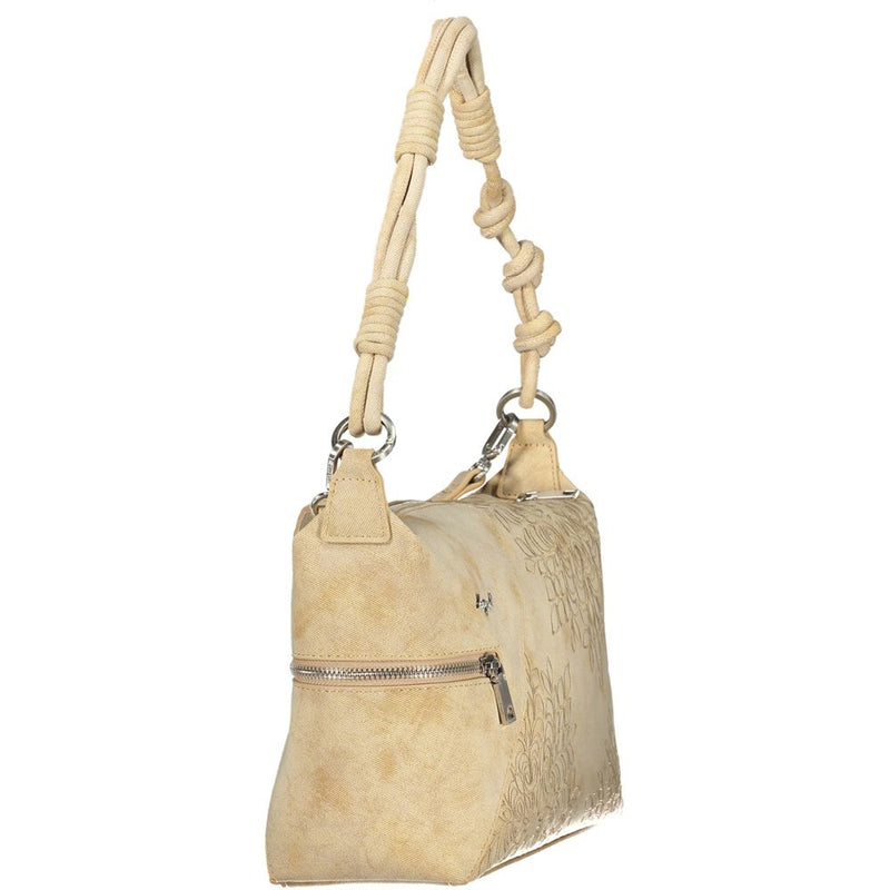 Beige polyurethane shoulder bag with knotted strap and embossed floral pattern