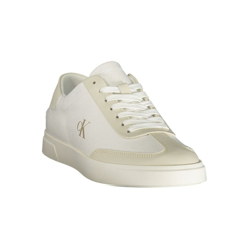 Calvin Klein white polyester women’s sneaker with low-top lace-up design and branded side logo.