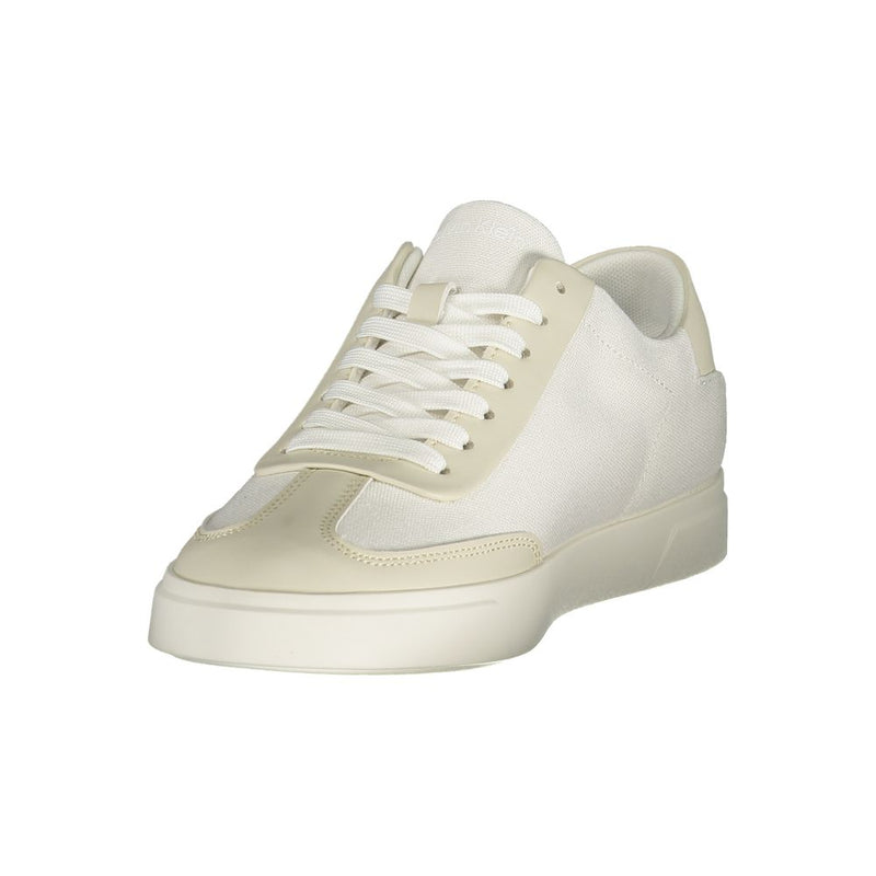 Calvin Klein white polyester low-top sneaker with off-white trim and matching rubber sole.