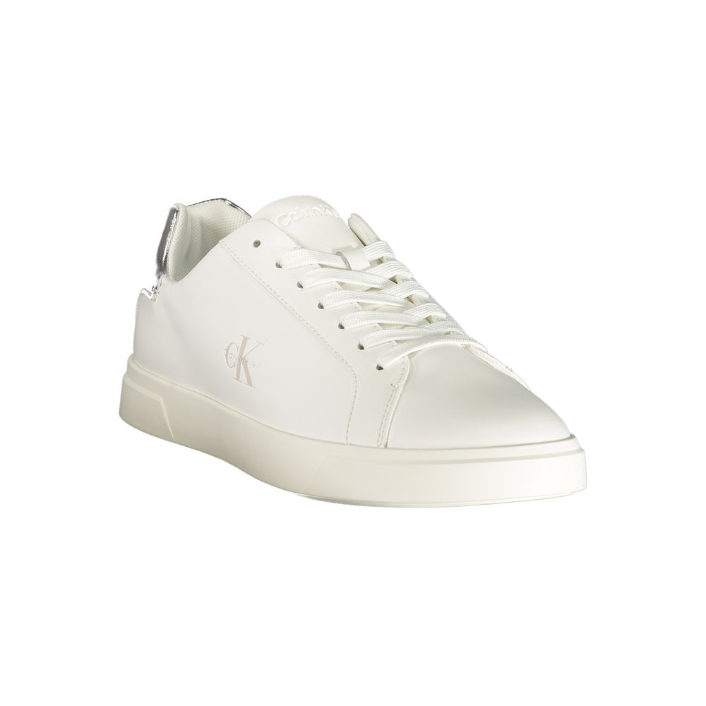 White Calvin Klein polyurethane women's sneaker with silver heel accent and logo detail.