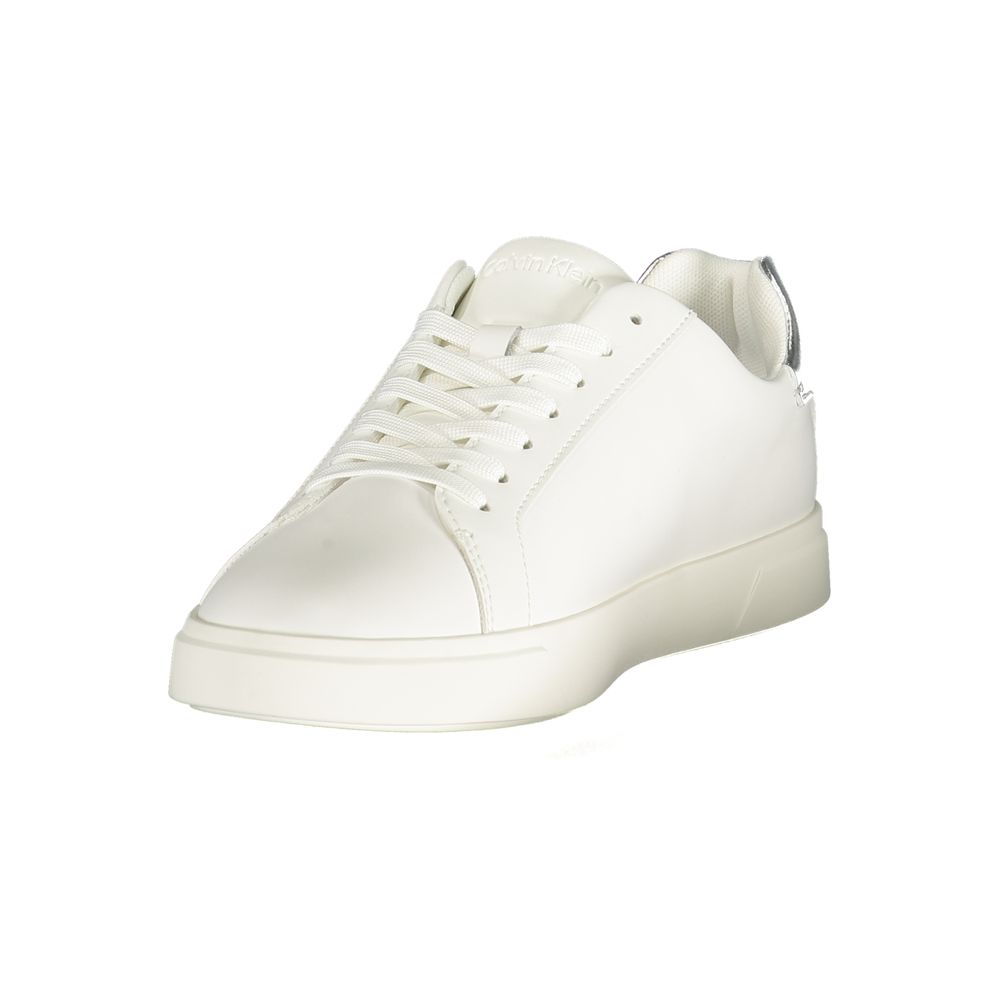 White Calvin Klein women's sneaker in polyurethane, featuring a classic low-top lace-up style with silver heel detail.