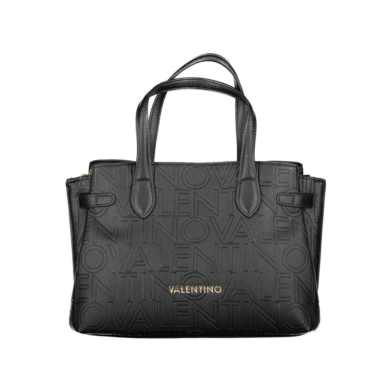 Black polyurethane structured tote bag with debossed Valentino lettering and dual top handles