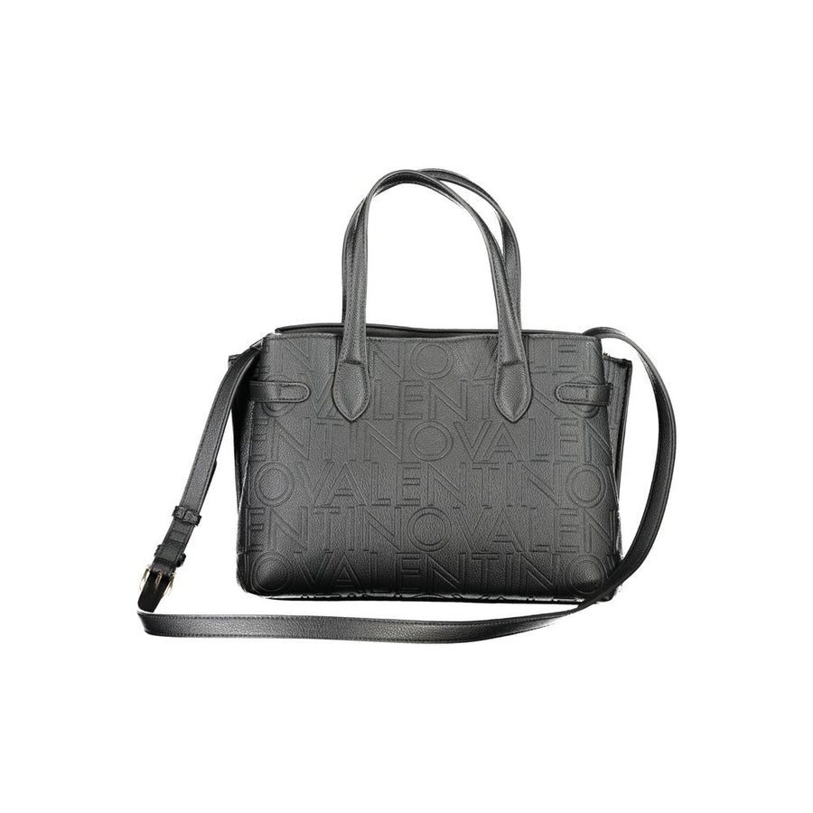Black polyurethane structured tote bag with debossed Valentino lettering and dual top handles