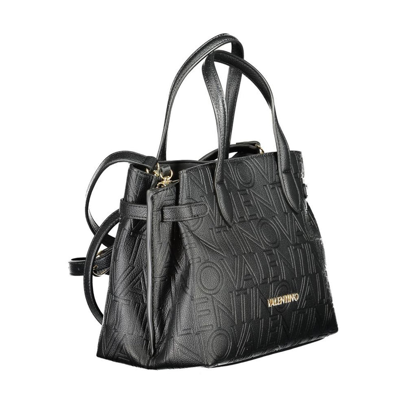 Black polyurethane women's handbag with embossed logo and dual top handles