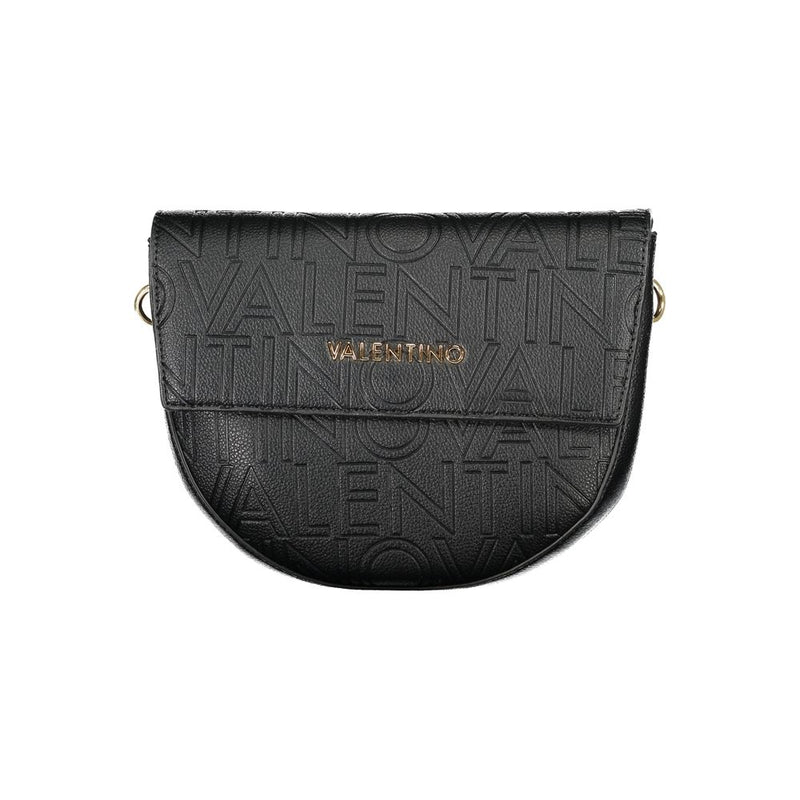 Black polyurethane saddle bag with embossed logo and flap closure