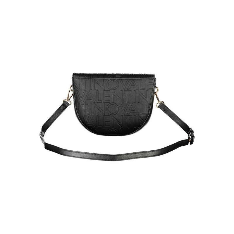 Black polyurethane saddle bag with embossed logo lettering and a crossbody strap