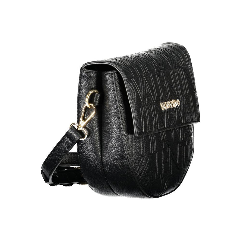 Black polyurethane crossbody bag with embossed logo pattern and gold hardware