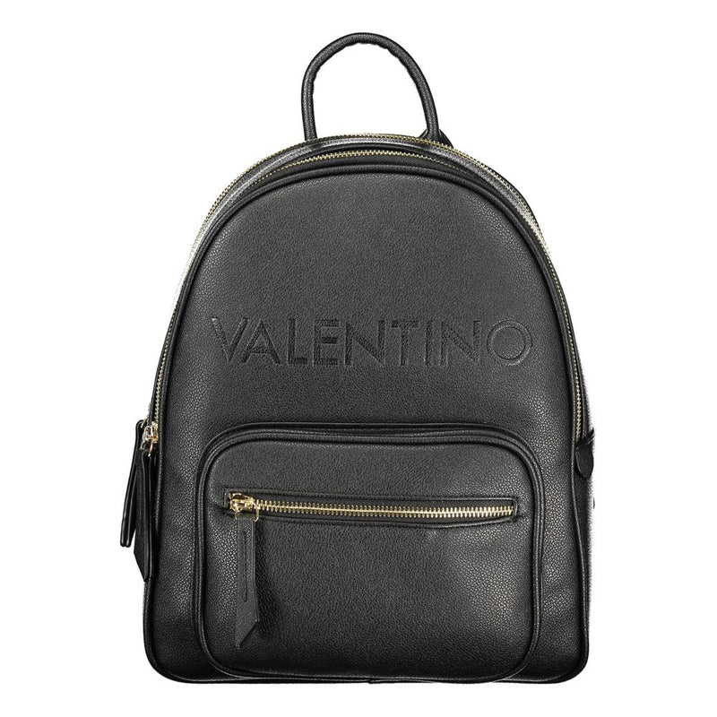 Black polyurethane women's backpack with gold zippers and embossed logo