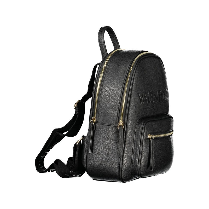 Black polyurethane women's backpack with gold zippers and embossed branding