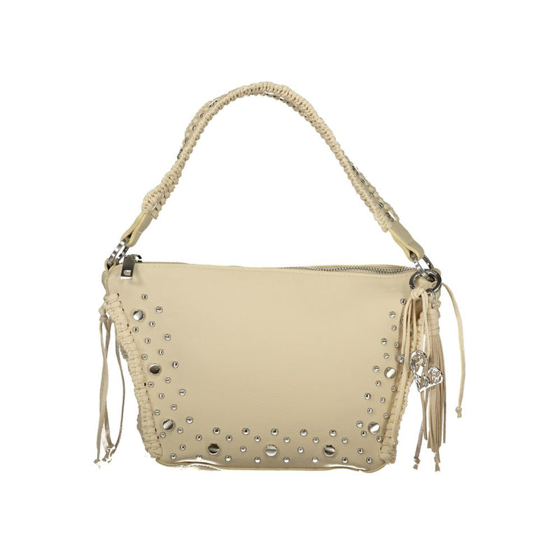 Beige leather shoulder bag with silver studs and braided handle