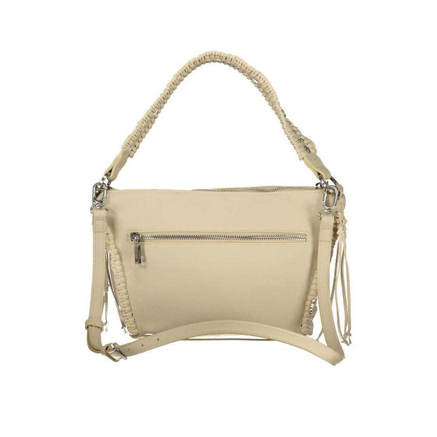 Beige leather shoulder bag with silver studs and braided handle