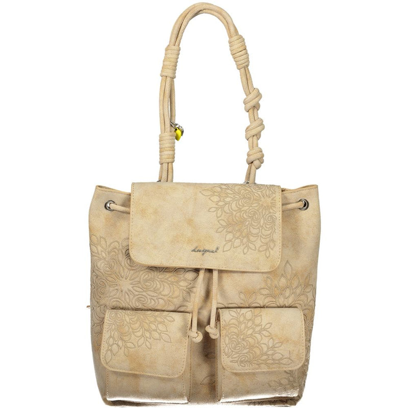 Beige polyurethane backpack with embossed floral patterns, front pockets, and knotted straps