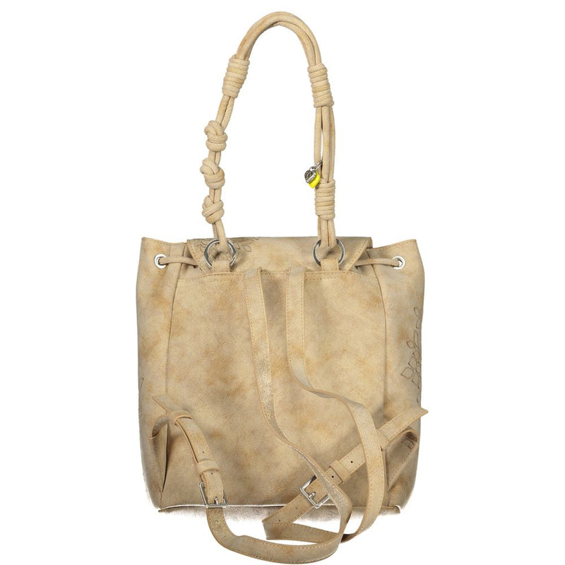 Beige polyurethane women's backpack with adjustable straps and top handle