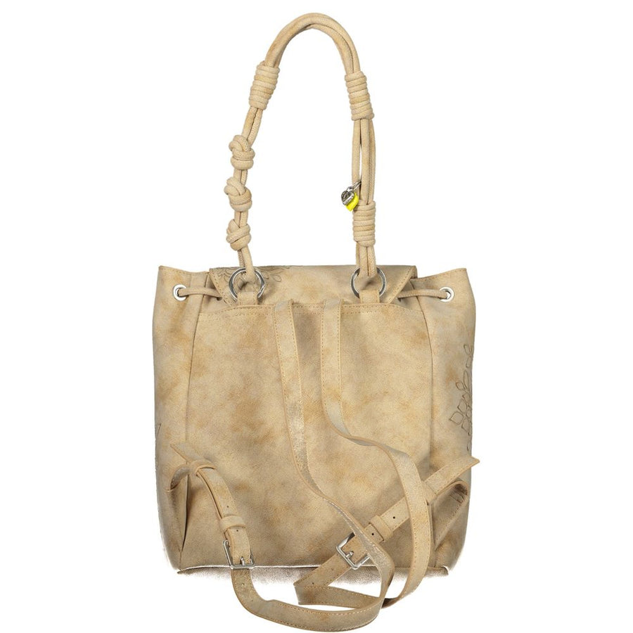 Beige polyurethane backpack with embossed floral patterns, front pockets, and knotted straps