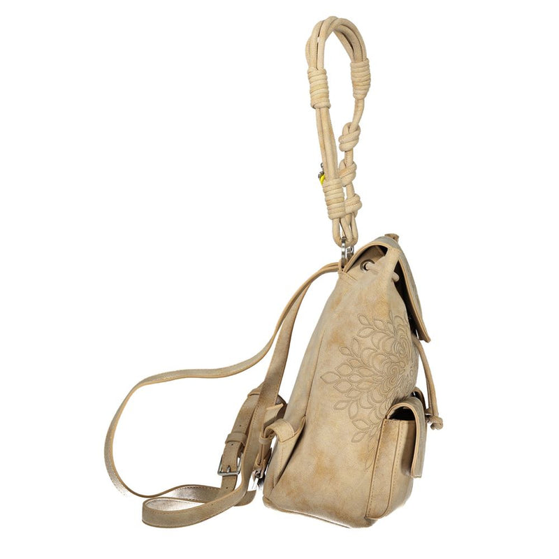 Side view of a beige polyurethane women's backpack with embroidered floral mandala design and knotted top handle
