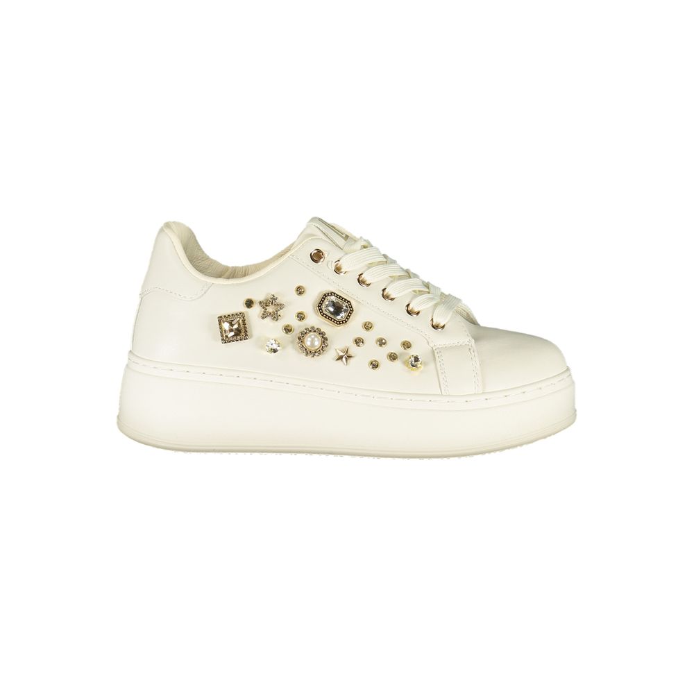 White Laura Biagiotti polyurethane women's sneaker with lace-up closure and decorative rhinestone embellishments.