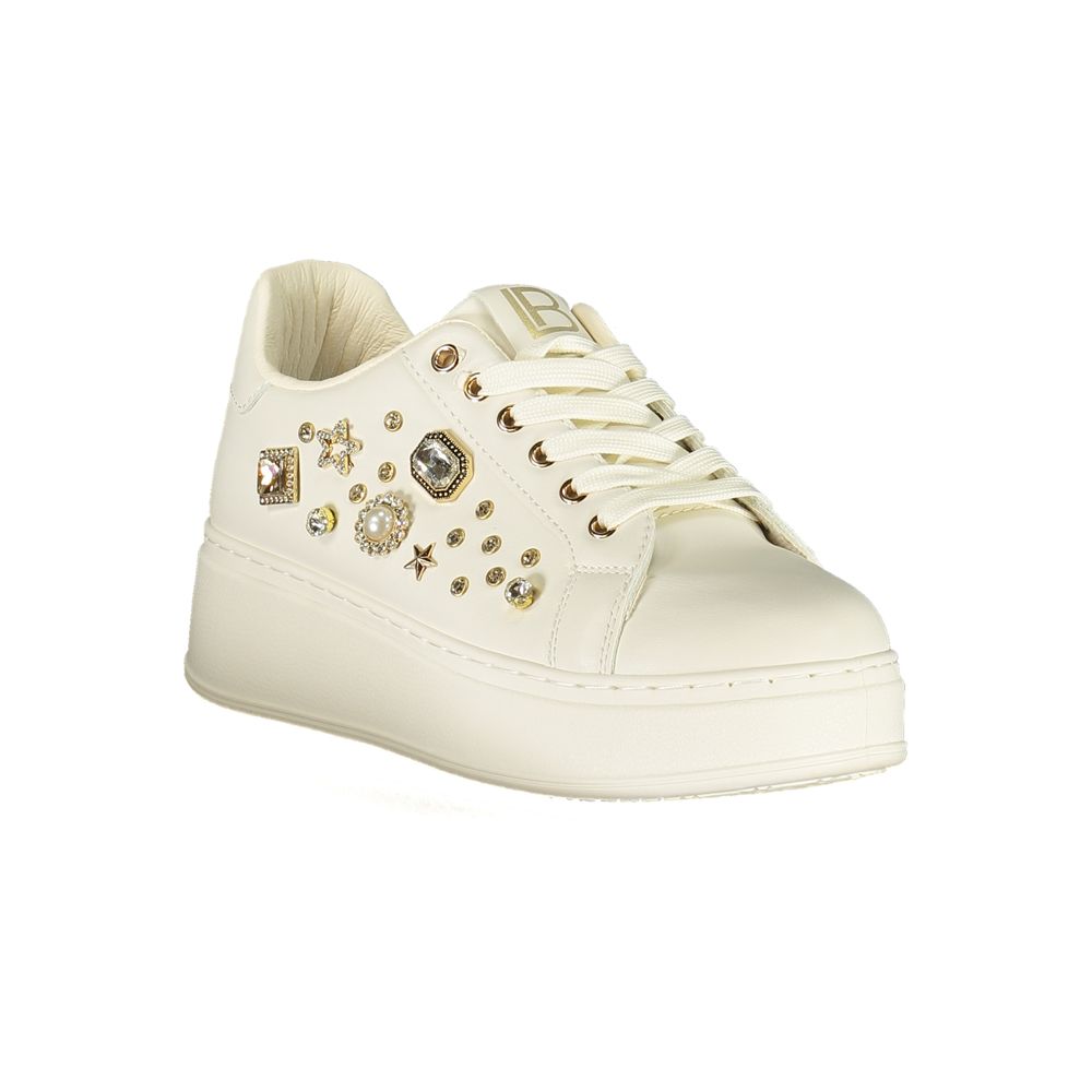 White polyurethane platform sneaker by Laura Biagiotti with decorative crystals and pearl accents.