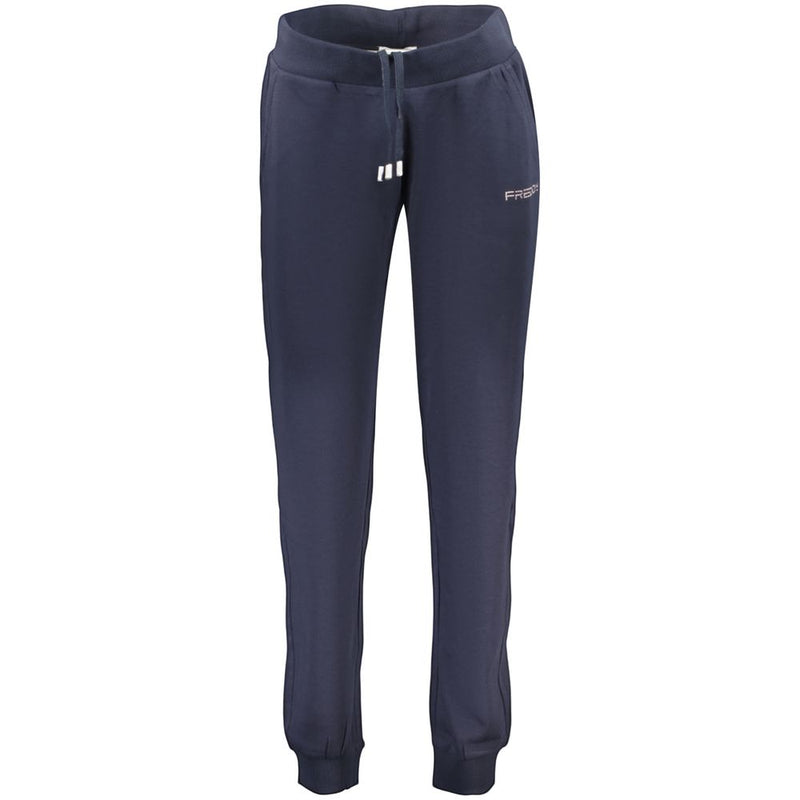 Blue cotton women's sweatpants with elastic cuffs and drawstring waist
