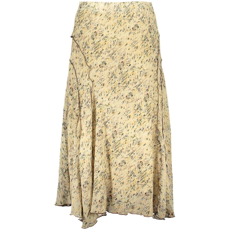 Beige polyester midi skirt with a subtle abstract floral print and ruffled seams