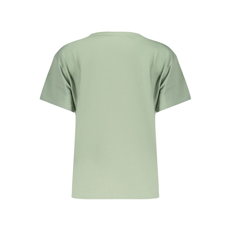 Back view of a plain green cotton women's t-shirt with short sleeves