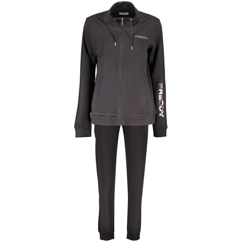 Black cotton zip-up women's sweatshirt with high collar, drawstrings, and white Freddy logo on chest and sleeve